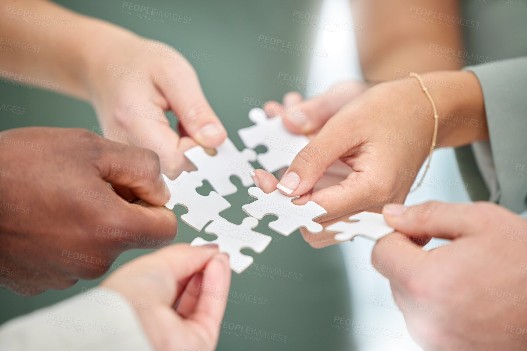 Buy stock photo Business people, hands and diversity with puzzle piece for team building, collaboration or planning in unity. Hand of group teamwork, brainstorming or strategy for engagement, support or interaction