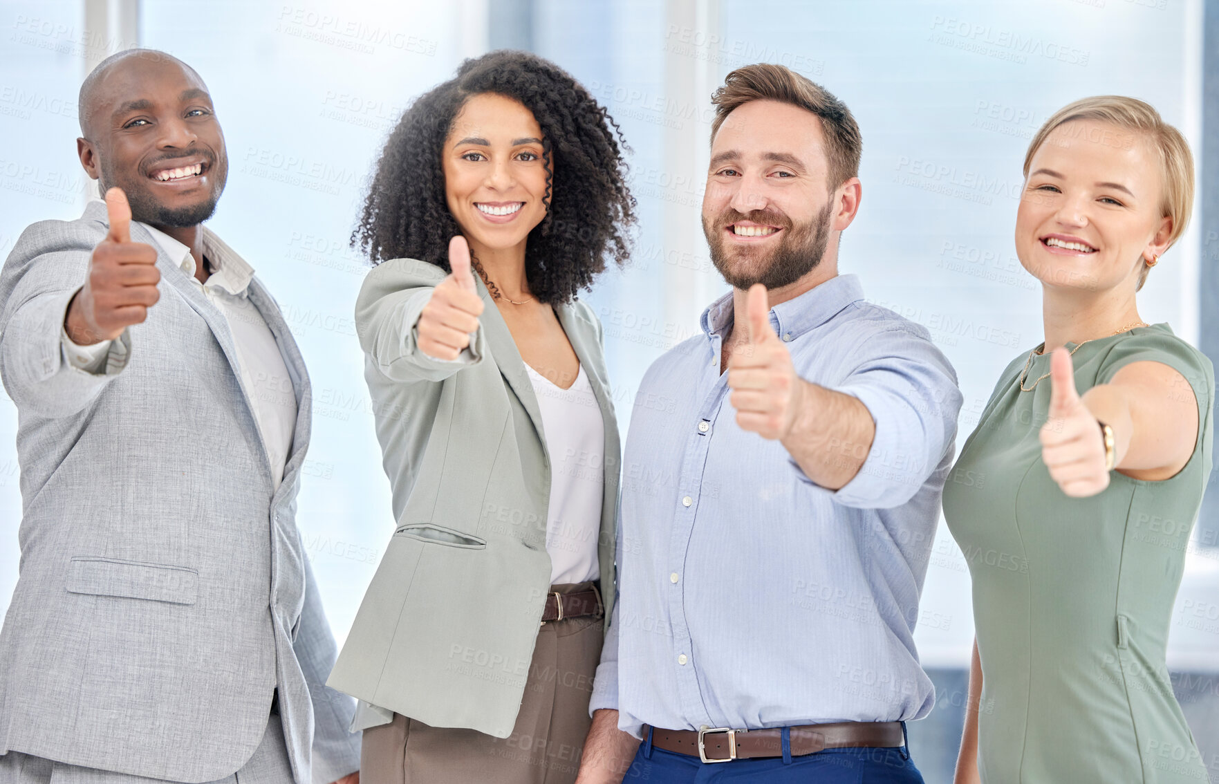 Buy stock photo Thumbs up, business people portrait and thank you hand gesture with diversity and solidarity. Winner, teamwork and happy collaboration of corporate management group with a smile from success