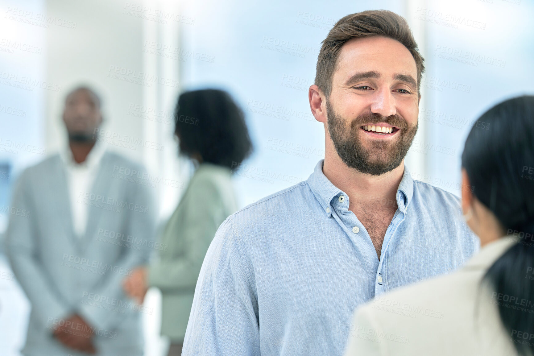 Buy stock photo Conference, meeting and business man with colleague in the office with a positive mindset talking during break. Happy employee, networking and professional person smile and satisfied with company