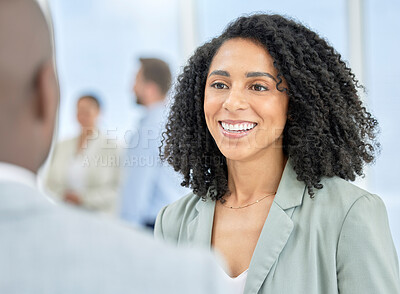 Buy stock photo Black woman, business employee and networking conversation of a lawyer talking. Happiness, smile and law consultant with worker communication in a office at a workplace happy about leadership