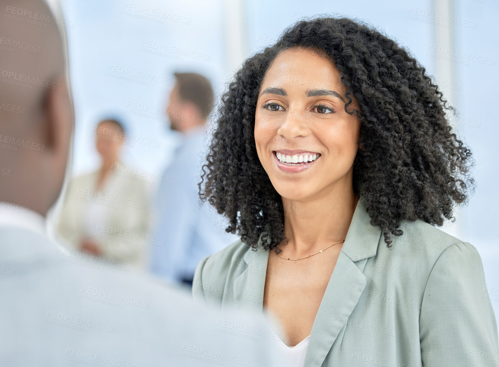 Buy stock photo Black woman, business employee and networking conversation of a lawyer talking. Happiness, smile and law consultant with worker communication in a office at a workplace happy about leadership