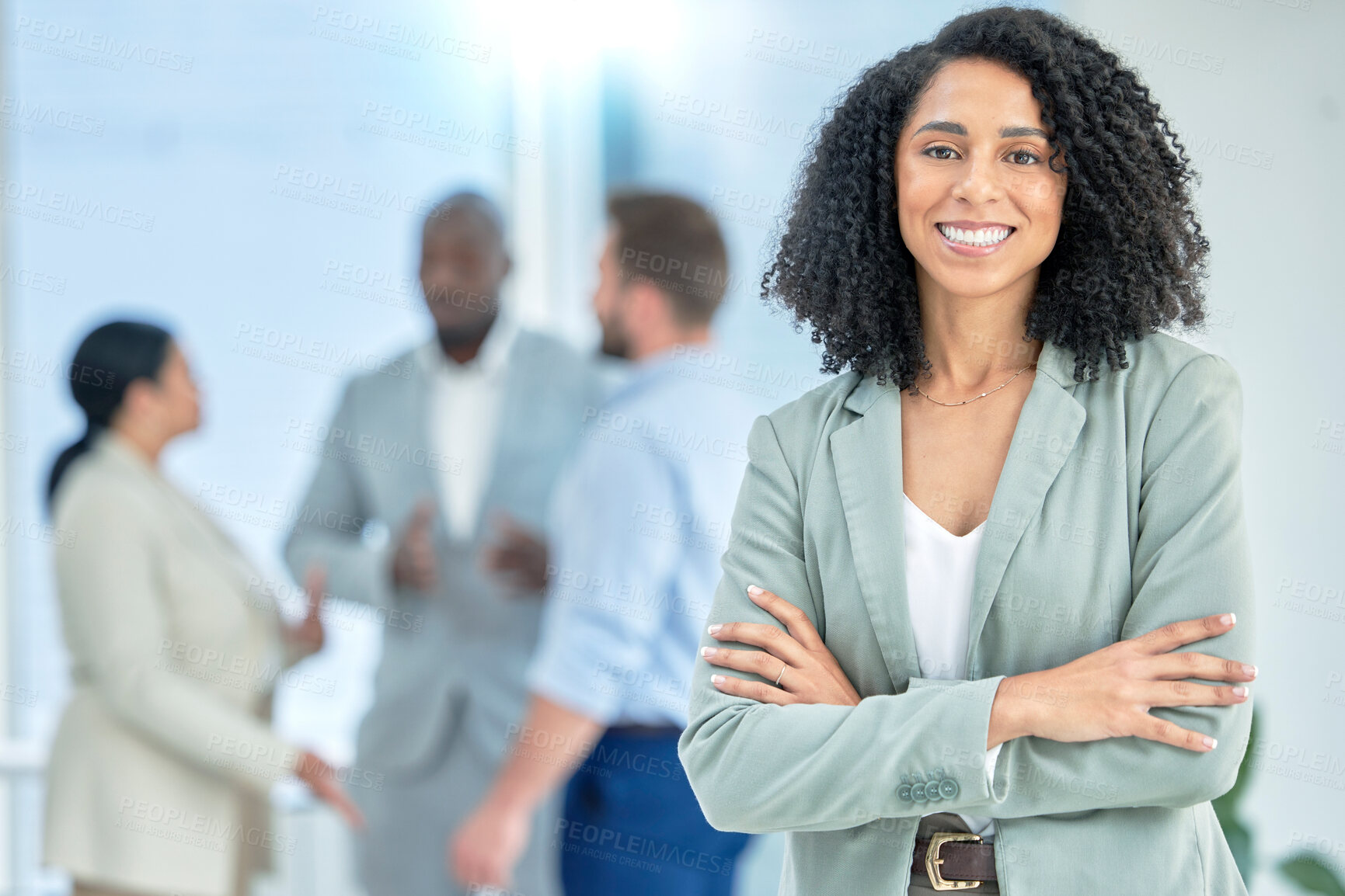 Buy stock photo Black woman, business and leadership in meeting with smile in portrait, team leader and success with professional mindset. Corporate female, happy at job and arms crossed, manager in Atlanta office