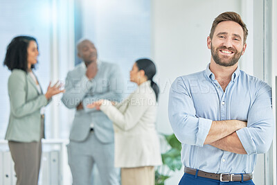 Buy stock photo Happy, expert and portrait of a businessman with arms crossed in a coworking office. Pride, manager and professional employee with confidence, motivation and executive at a corporate company