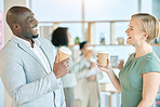 Coffee, office and business people talking, laugh and happy in discussion, funny conversation and chatting. Social networking, communication and black man and woman laughing, drinking and share joke