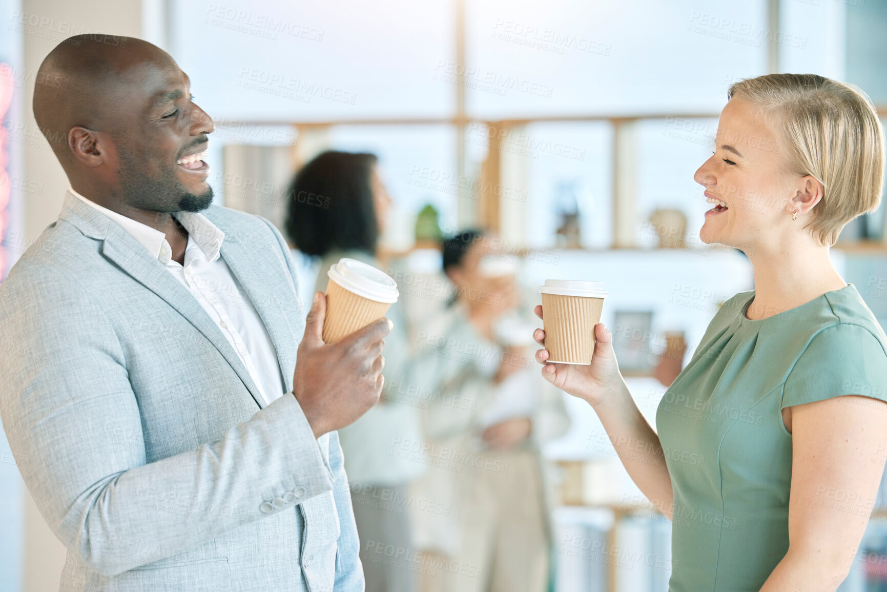 Buy stock photo Coffee, office and business people talking, laugh and happy in discussion, funny conversation and chatting. Social networking, communication and black man and woman laughing, drinking and share joke