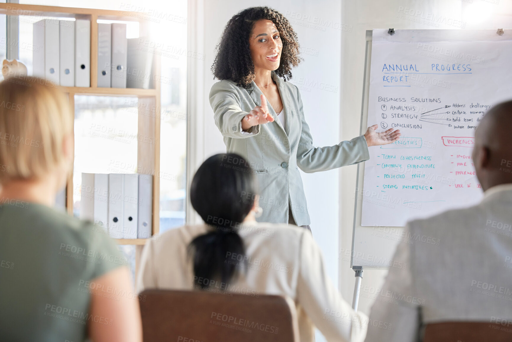 Buy stock photo Presentation, question and business woman in a workshop, conference or meeting for company strategy talking data. Information, audience and corporate professional female teaching at a seminar