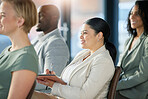 Seminar audience, crowd and business people listening at presentation conference, training workshop or trade show event. Happy woman writing notes, group meeting and team listen to tradeshow speech