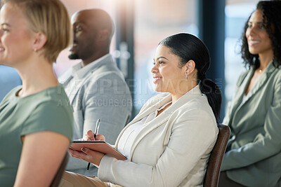 Buy stock photo Seminar audience, crowd and business people listening at presentation conference, training workshop or trade show event. Happy woman writing notes, group meeting and team listen to tradeshow speech
