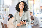 Black woman, tablet and smile in leadership for meeting, planning or digital marketing team at office. Portrait of happy African American leader smiling with touchscreen for strategy in management