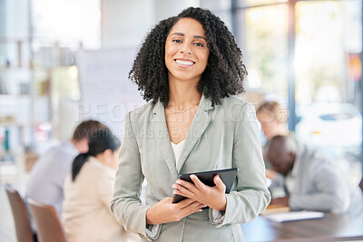 Buy stock photo Black woman, tablet and smile in leadership for meeting, planning or digital marketing team at office. Portrait of happy African American leader smiling with touchscreen for strategy in management