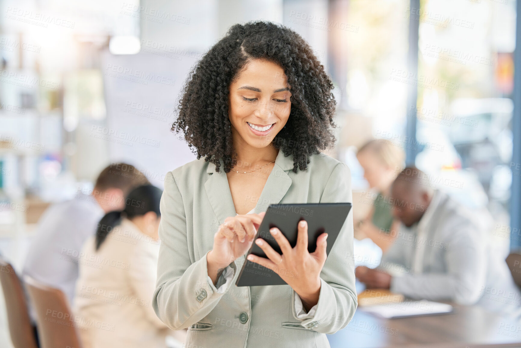 Buy stock photo Happy, black woman and digital tablet in office for planning, app and schedule against blurred background. Business, leader and female with digital marketing, advertising or creative idea for startup