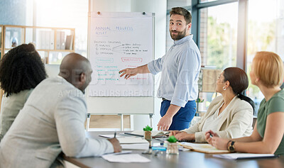 Buy stock photo Business man, coaching and meeting in presentation with whiteboard for teamwork collaboration or planning at office. Corporate male coach training staff, brainstorming or discussing team project plan