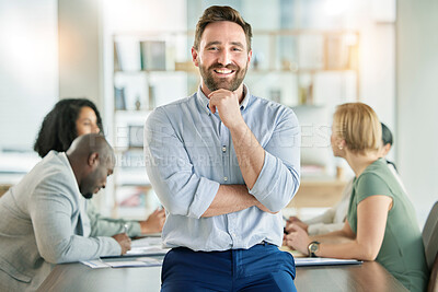 Buy stock photo Leader, entrepreneur and startup founder smile for company strategy in a meeting with a positive mindset in a boardroom. Portrait, happy and business man confident, proud and excited for conference