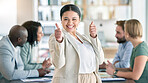 Thumbs up, corporate employee and portrait of a happy worker in a business meeting. Office, success and achievement hand gesture of a lawyer feeling happiness from law firm growth and collaboration