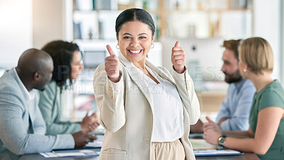 Buy stock photo Thumbs up, corporate employee and portrait of a happy worker in a business meeting. Office, success and achievement hand gesture of a lawyer feeling happiness from law firm growth and collaboration