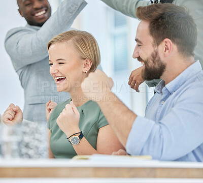 Buy stock photo Winner, wow and motivation with a business team cheering in celebration of success together at the office. Goal, target or teamwork with a man and woman employee group celebrating a work deal