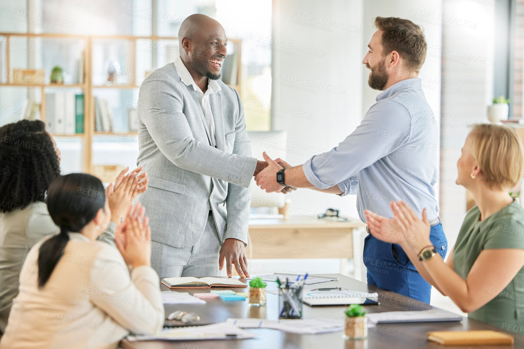 Buy stock photo Applause, diversity acquisition handshake and business people celebrate investment, b2b contract deal or merger success. Client negotiation meeting, excited hand shake and group partnership agreement