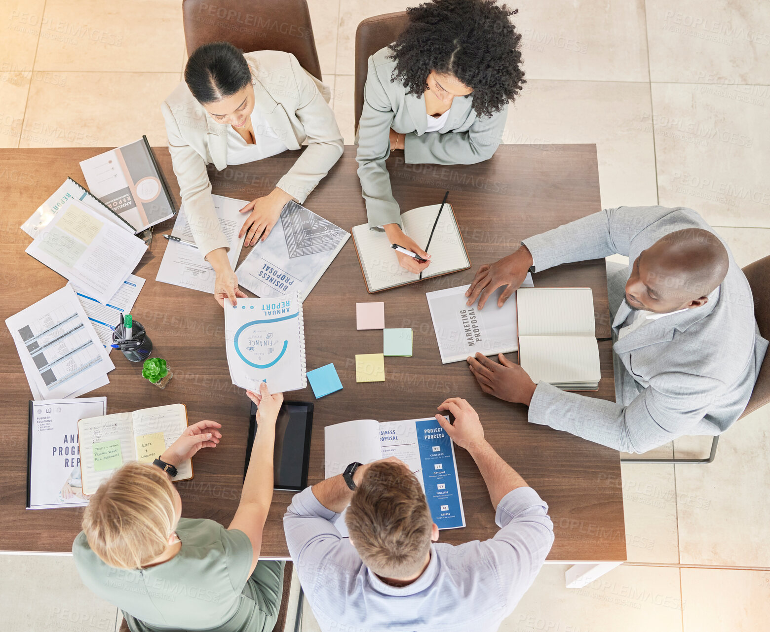 Buy stock photo Teamwork, collaboration and business people with research data and work notes. Office meeting, marketing planning and staff from above on conference room table with web analytics agenda and schedule
