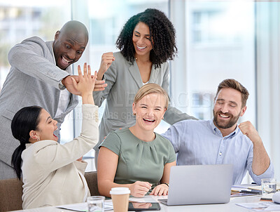 Buy stock photo High five, business people portrait and success of stock market investment team in a office. Trading, winner and teamwork motivation of a corporate group with happiness from trading achievement