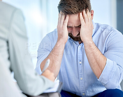 Buy stock photo Stress, fired and business man sad is jobless, depression and corporate employee feeling anxiety suffering for mental health. Worker, frustrated and fail at work with burnout or fatigue