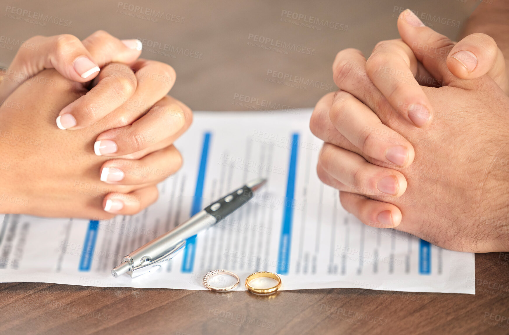 Buy stock photo Divorce, signing and hands of a couple with a document for court, deal and legal paperwork. Together, conflict and married man and woman with an agreement, paperwork and form to end a marriage