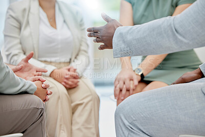 Buy stock photo Business people, group and counseling with hands, psychology and mental health, support and trust in team building. Diversity, help and advice in therapy, emotional and professional growth together