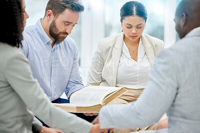 Buy stock photo Business people, bible and office for prayer together in worship, religion and mindfulness for spiritual education. Businessman, women and men with book, praying and holding hands for support at job