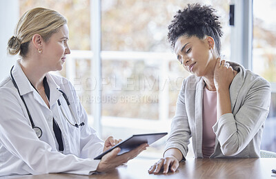 Buy stock photo Consulting, neck pain and medical with black woman and doctor for injury, healthcare and physical therapy. Tablet, checklist and medicine with expert and patient for examination, research and results