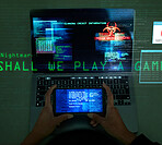 Laptop screen, hands and hacking data for online cyber crime, digital thief and coding software malware, phishing or fraud. Hacker phone app and cybersecurity overlay, ransomware on gaming computer