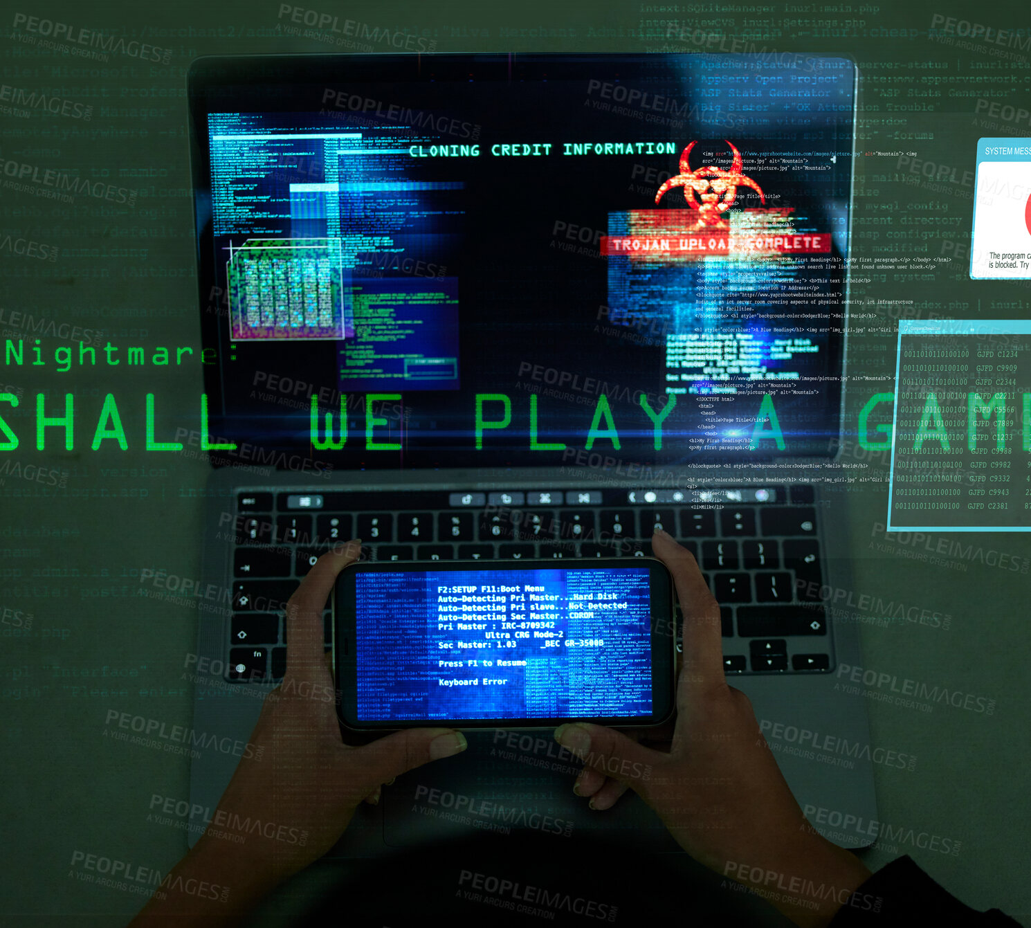 Buy stock photo Laptop screen, hands and hacking data for online cyber crime, digital thief and coding software malware, phishing or fraud. Hacker phone app and cybersecurity overlay, ransomware on gaming computer