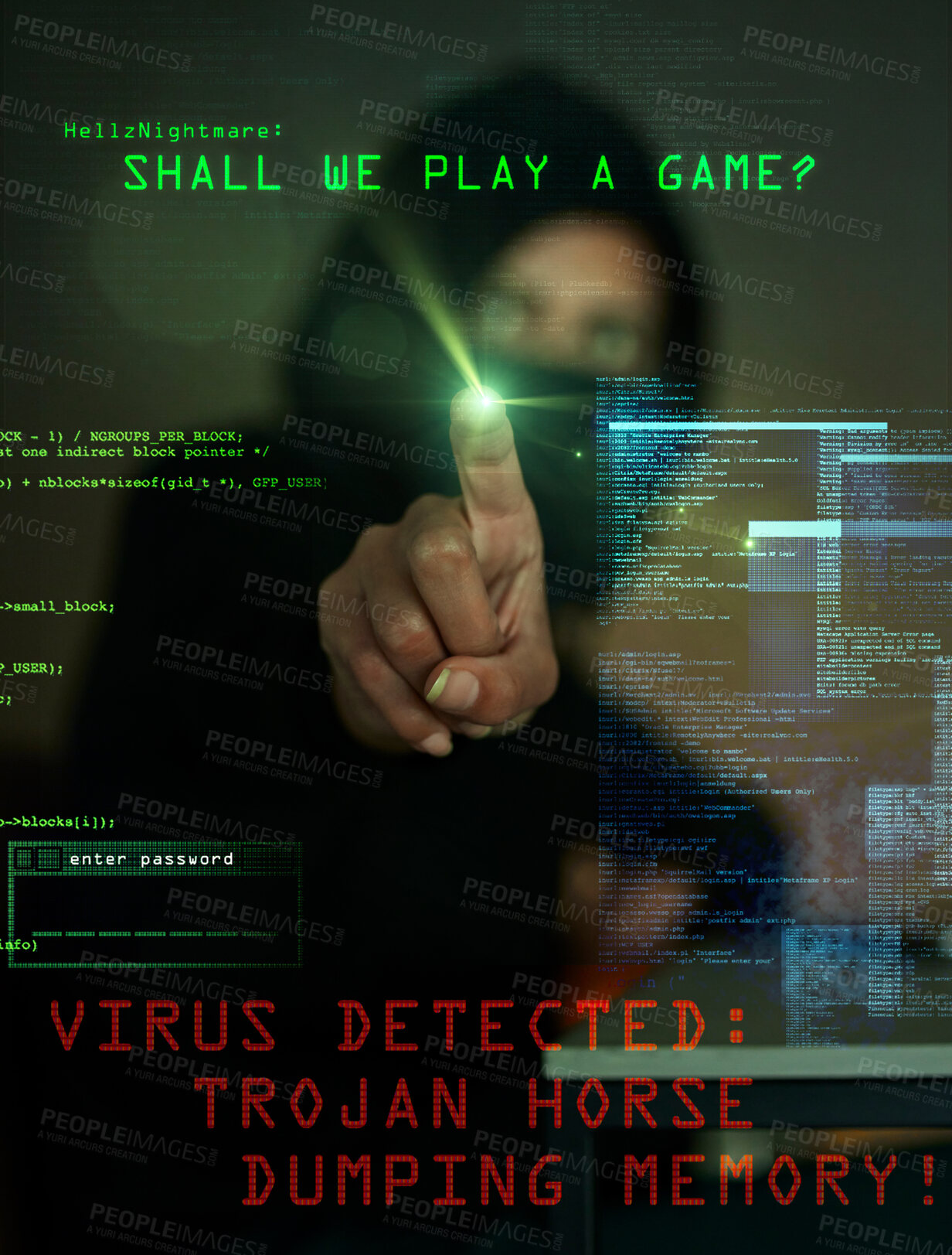 Buy stock photo Fingerprint, virus and overlay with a man hacker working on a computer to install malware on a system. Cyber security, data and dashboard with a male hacking a database for information phishing