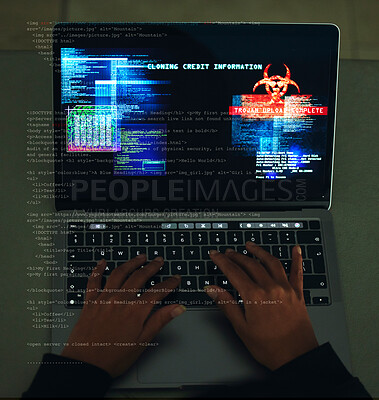 Buy stock photo Cyber security, crime and hands typing on a laptop while programming or hacking a website. Scam, cyber attack and man hacker coding on a computer to steal information or data technology in the dark.