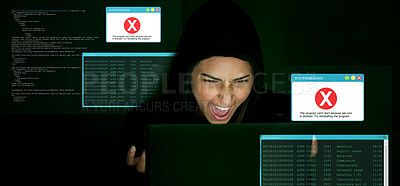 Angry, hacking and hacker man for cyber security, coding software, block server and error code for data protection. Frustrated programmer, cyberpunk thief or tech person fail crime in digital overlay