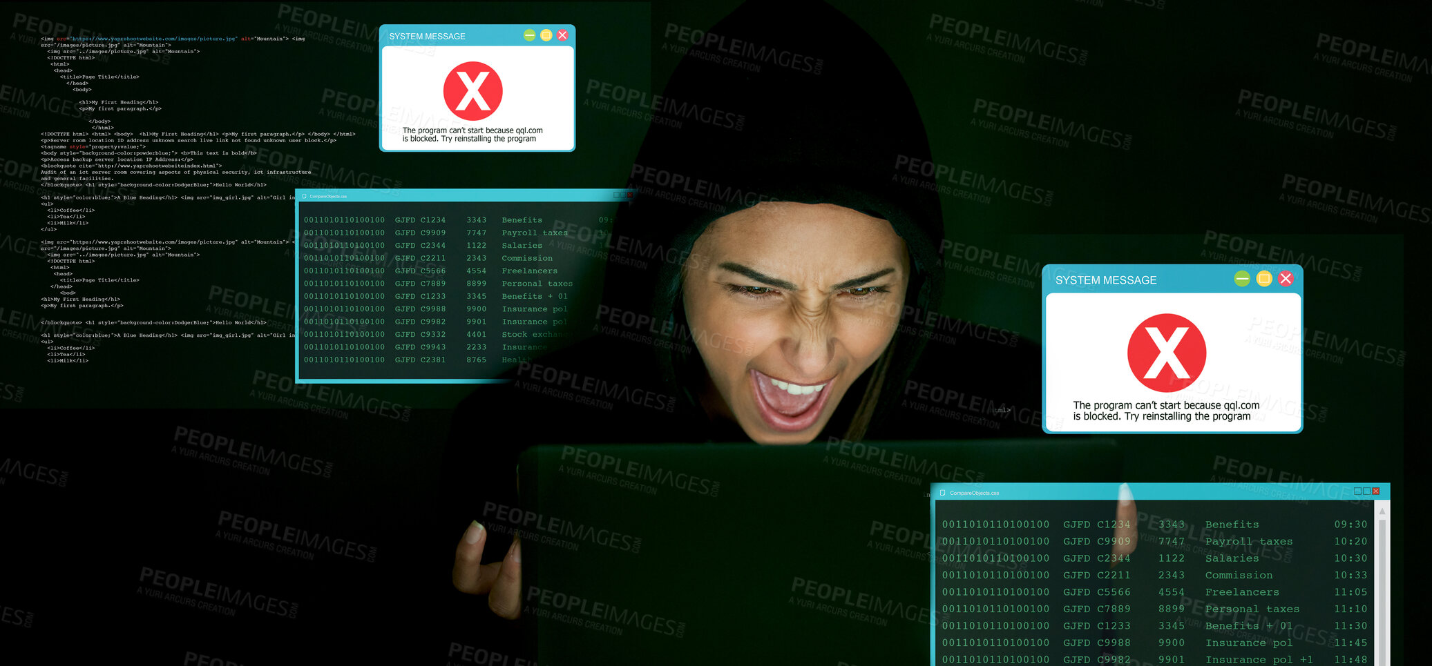 Buy stock photo Angry, hacking and hacker man for cyber security, coding software, block server and error code for data protection. Frustrated programmer, cyberpunk thief or tech person fail crime in digital overlay