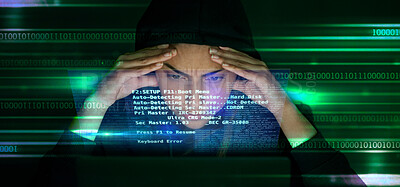 Buy stock photo Hacker, code and stress with cyber crime, fear of getting caught and double exposure in IT, cybersecurity fail and software. Coding, programmer and glitch, person with headache and screen overlay