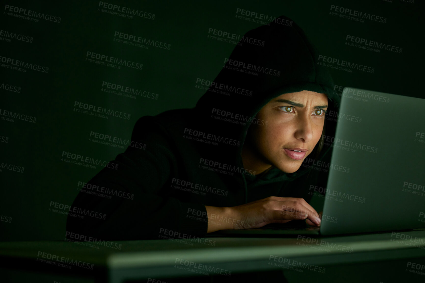 Buy stock photo Indian woman, hacker and mockup of banking and database web fraud with crypto data. Programmer, criminal and finance software hack with a hacking expert writing algorithm for cybercrime virus