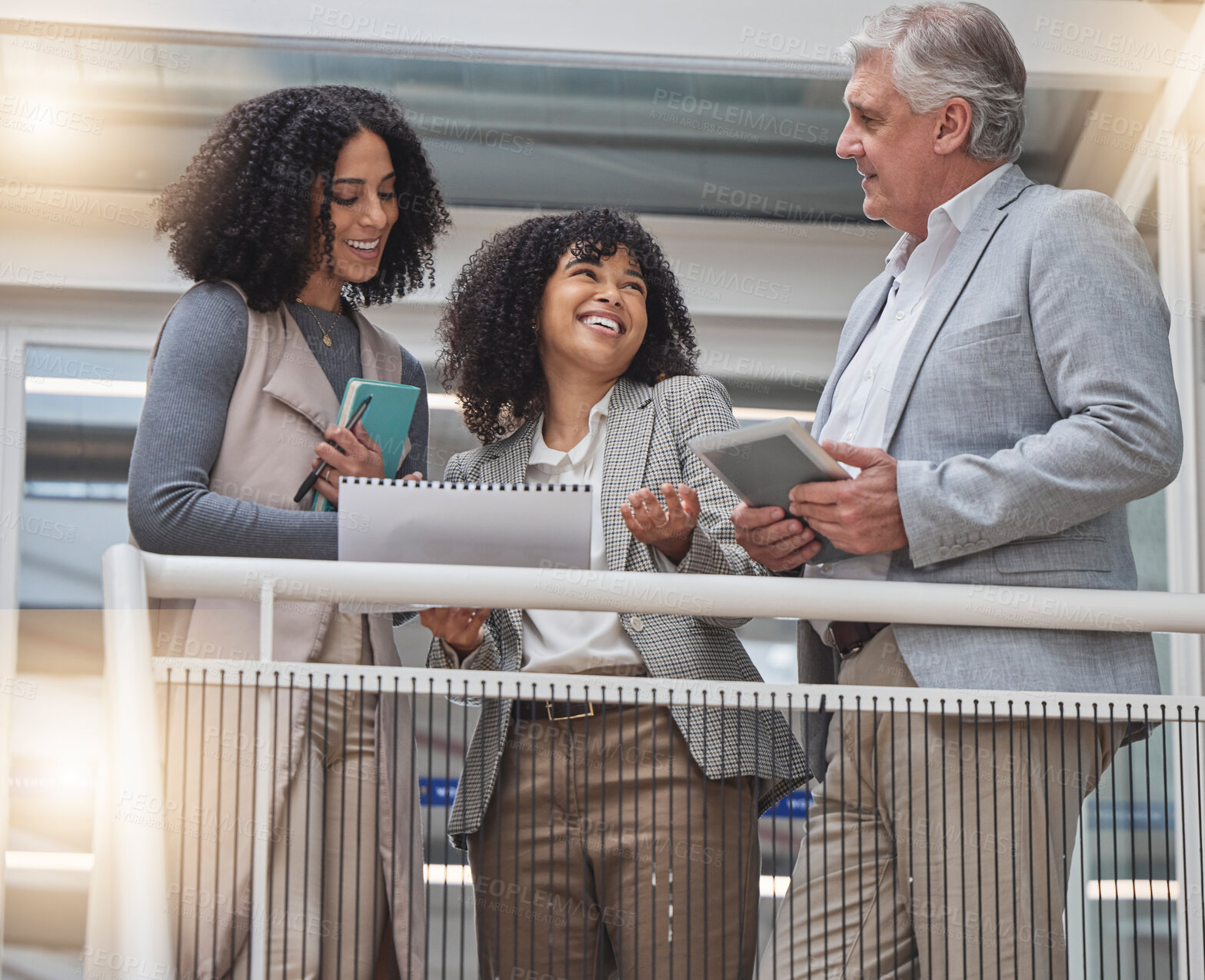 Buy stock photo Discussion with CEO, break and business people talking planning and happy for company strategy. Team, group and diverse colleagues in communication, conversation or speaking with funny employee