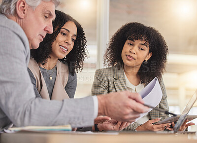 Buy stock photo Coaching, training and business people on laptop for creative, collaboration and project review in office. Corporate, women and mentor with report for review, planning or teamwork idea for proposal