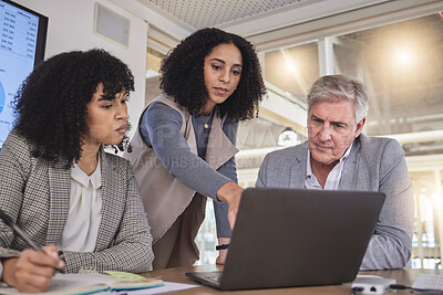 Buy stock photo Training, business people on laptop for creative, collaboration or coaching on project review in office. Corporate, women and mentor with report, kpi and planning or teamwork idea for online proposal