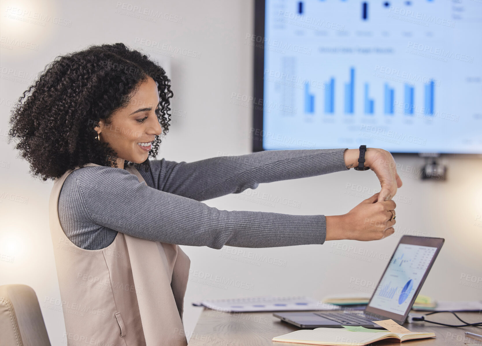 Buy stock photo Corporate black woman, table or stretching arms at meeting for finance, budget or accounting presentation. Girl, business health and happy with exercise for stretch fingers, muscle or healthy mindset