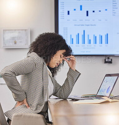 Buy stock photo Back pain, business woman and headache of office employee feeling stress from web project. Work burnout, desk and African analytics worker working with anxiety in a company with a online deadline