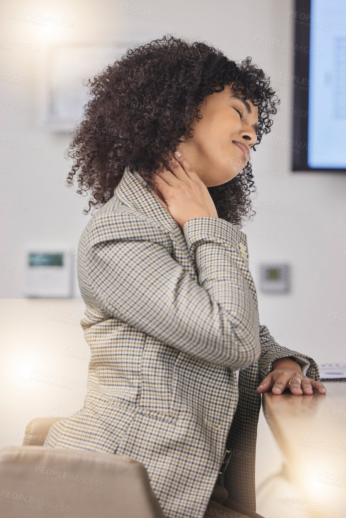 Buy stock photo Neck pain, business woman and tired office employee feeling stress from corporate project. Work burnout, desk and African lawyer working with anxiety in a law firm company with a advocate deadline