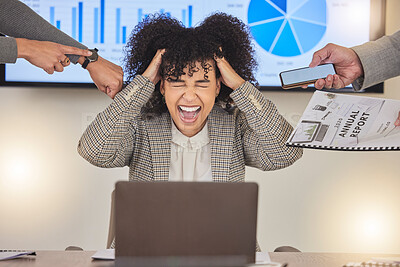 Buy stock photo Stress, screaming and overworked with black woman and laptop for compliance, accountability or tax audit. Headache, mental health and anxiety with employee shouting for multitasking, burnout and fail