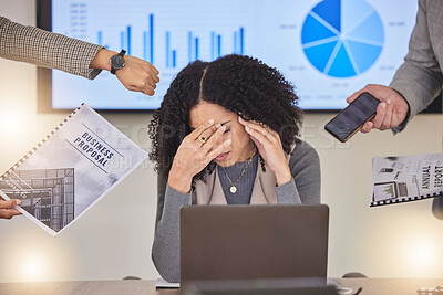 Buy stock photo Stress, headache and overworked with black woman and laptop for compliance, accountability or tax audit. Depression, mental health and anxiety with employee shouting for multitasking, burnout or fail