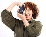 Photographer, portrait and woman using camera for a photoshoot isolated in studio white background. African American, black person and creative photoshoot as picture or photo production professional