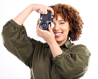 Buy stock photo Photographer, portrait and woman using camera for a photoshoot isolated in studio white background. African American, black person and creative photography with picture or photo production