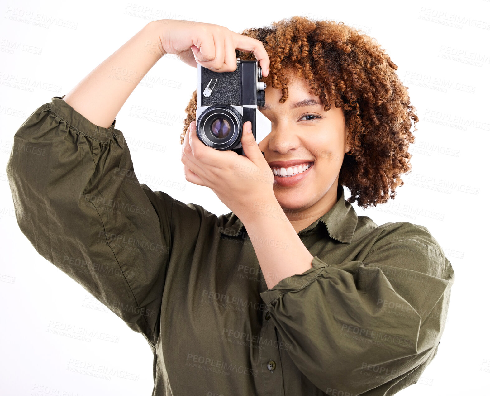 Buy stock photo Photographer, portrait and woman using camera for a photoshoot isolated in studio white background. African American, black person and creative photography with picture or photo production