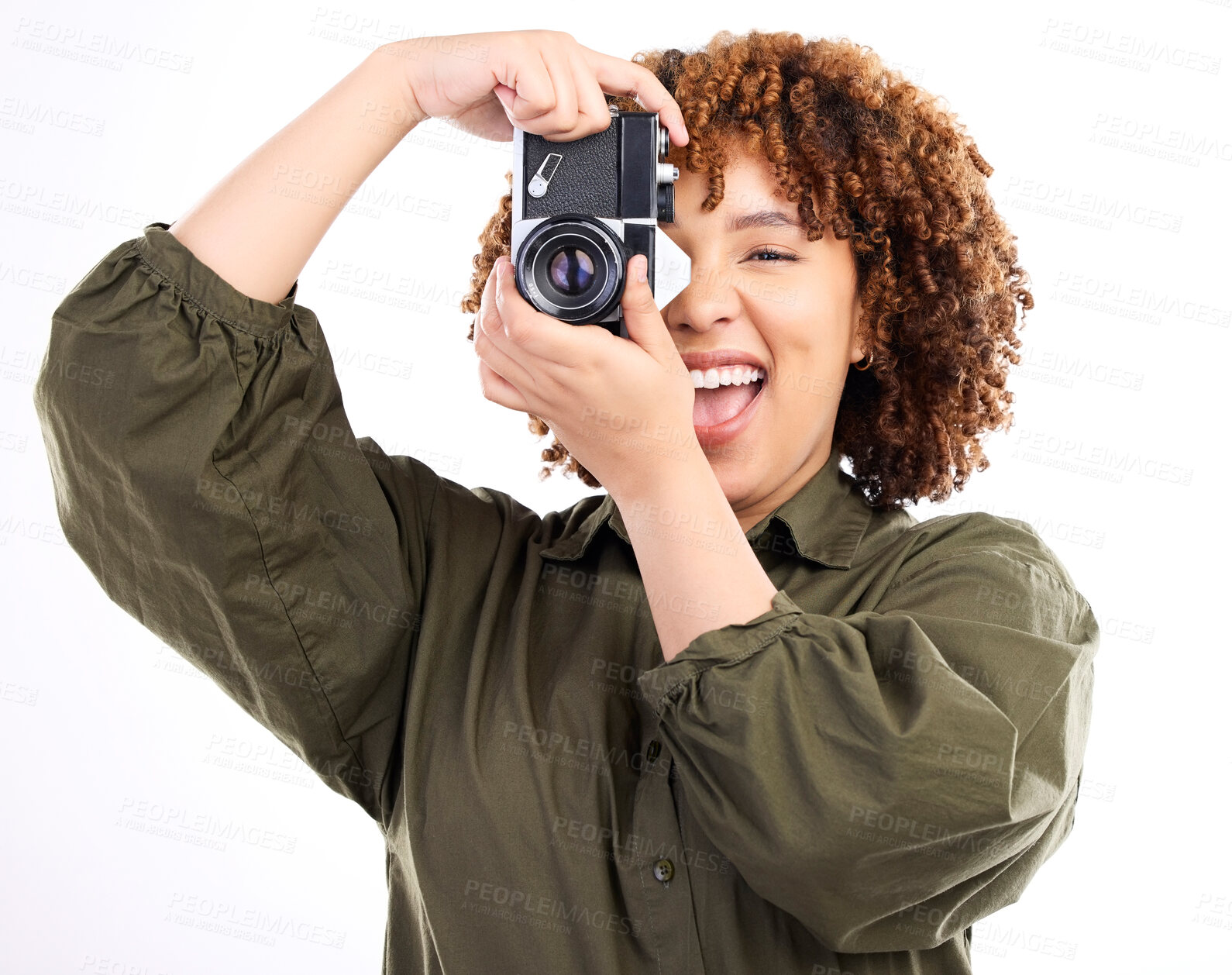 Buy stock photo Fun, photo and portrait of a black woman with a camera isolated on a white background in a studio. Excited, professional and photographer filming, shooting and being paparazzi with equipment