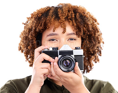 Buy stock photo Portrait, photography and black woman using camera taking picture or photo isolated in studio white background. African American, black person and creative photoshoot as production employee