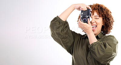 Buy stock photo Photographer, photography and woman using camera taking picture or photo isolated in studio white background. African American, black person and creative photoshoot as production employee with mockup